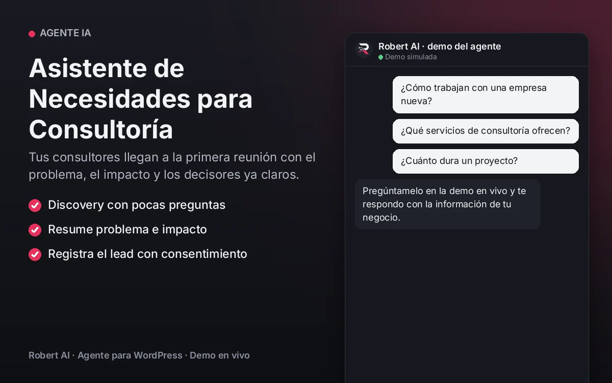 Portada: Asistente de Necesidades para Consultoría. Tus consultores llegan a la primera reunión con el problema, el impacto y los decisores ya claros.