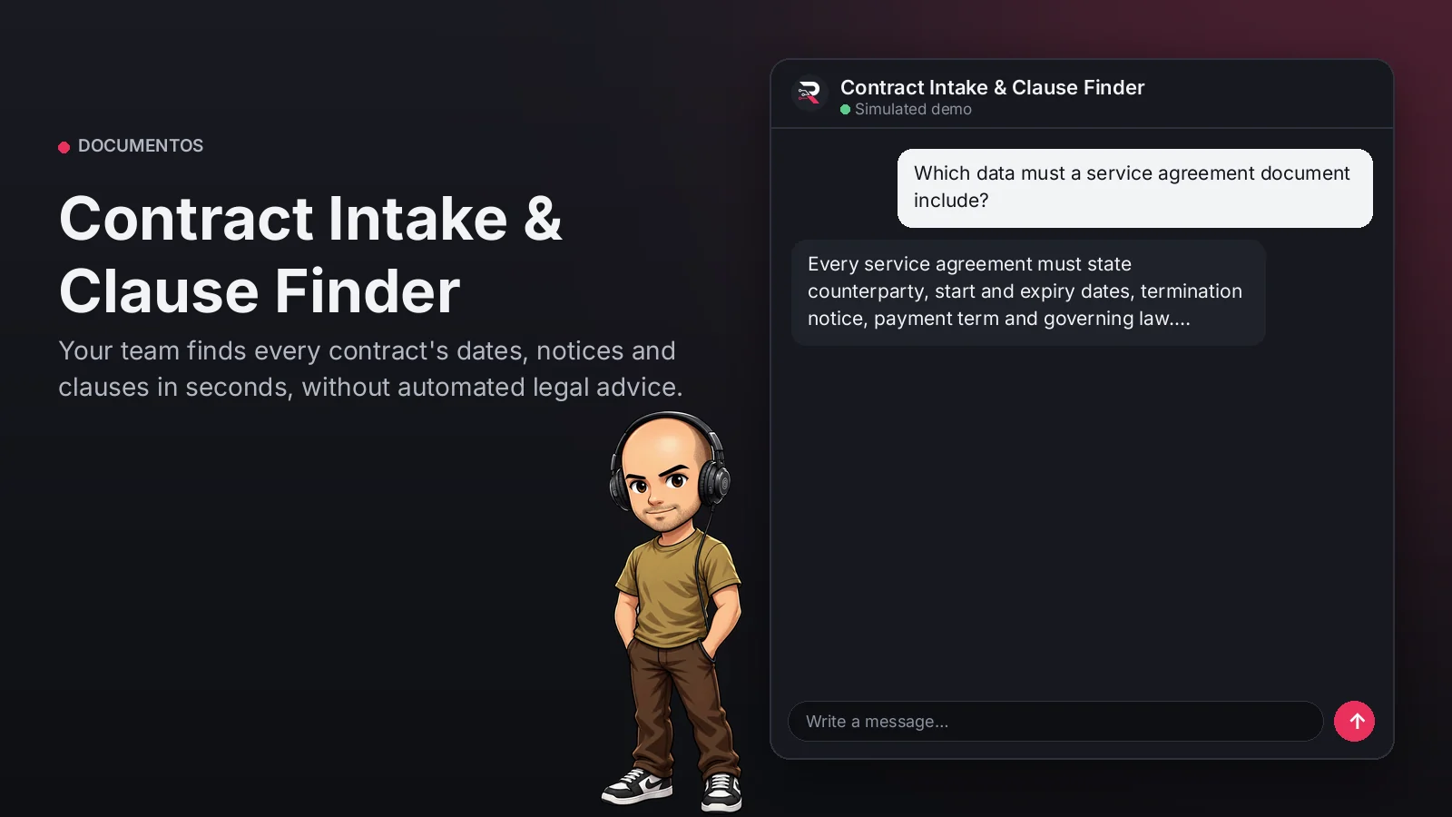 Hero image: Contract Intake & Clause Finder. Your team finds every contract's dates, notices and clauses in seconds, without automated legal advice.