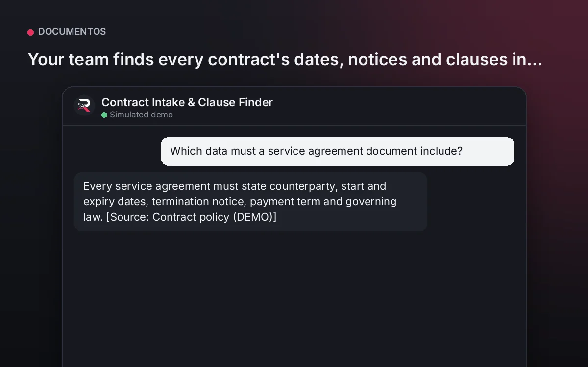 Cover: Contract Intake & Clause Finder. Your team finds every contract's dates, notices and clauses in seconds, without automated legal advice.