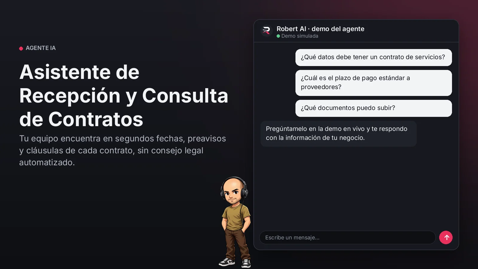 Asistente de Recepción y Consulta de Contratos. Tu equipo encuentra en segundos fechas, preavisos y cláusulas de cada contrato, sin consejo legal automatizado.