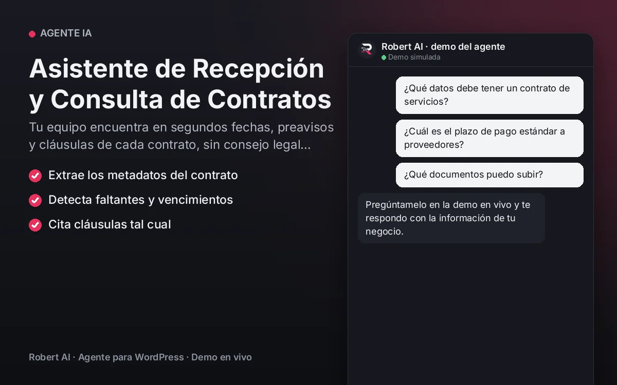 Portada: Asistente de Recepción y Consulta de Contratos. Tu equipo encuentra en segundos fechas, preavisos y cláusulas de cada contrato, sin consejo legal automatizado.