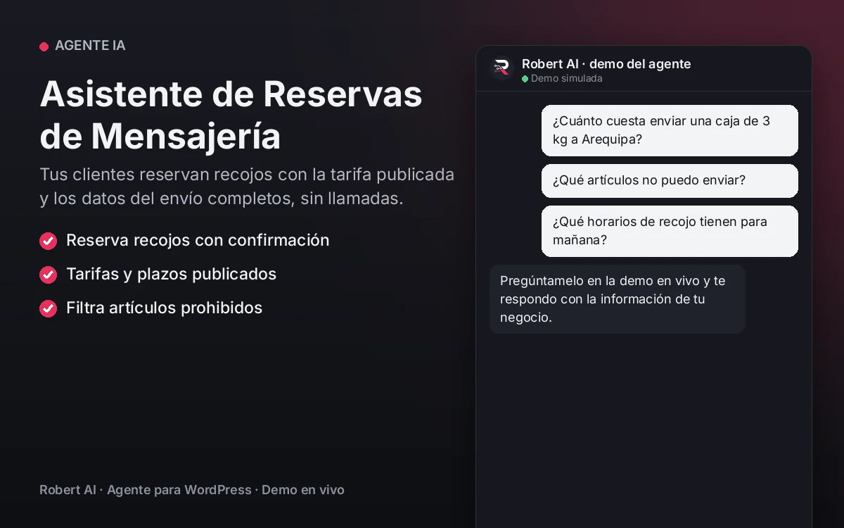 Portada: Asistente de Reservas de Mensajería. Tus clientes reservan recojos con la tarifa publicada y los datos del envío completos, sin llamadas.