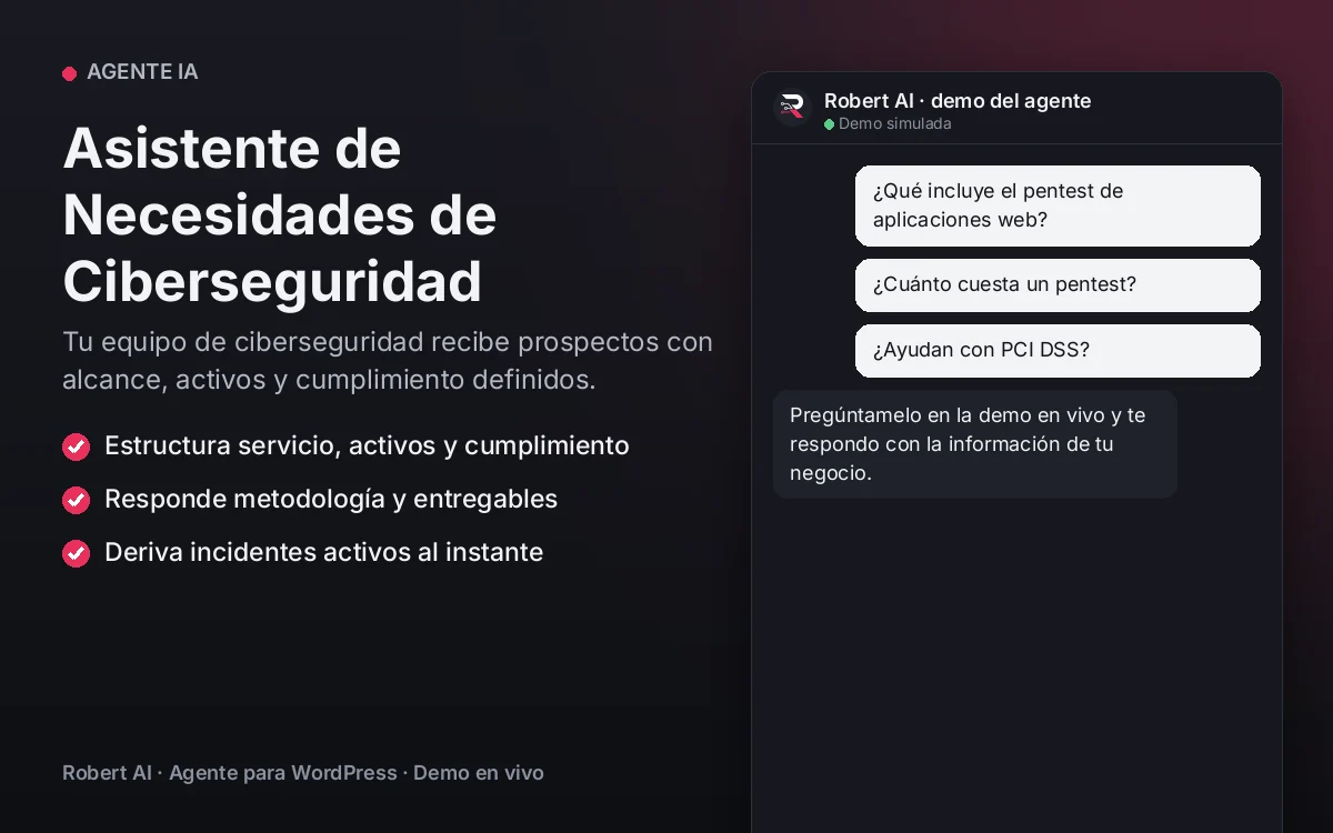 Portada: Asistente de Necesidades de Ciberseguridad. Tu equipo de ciberseguridad recibe prospectos con alcance, activos y cumplimiento definidos.