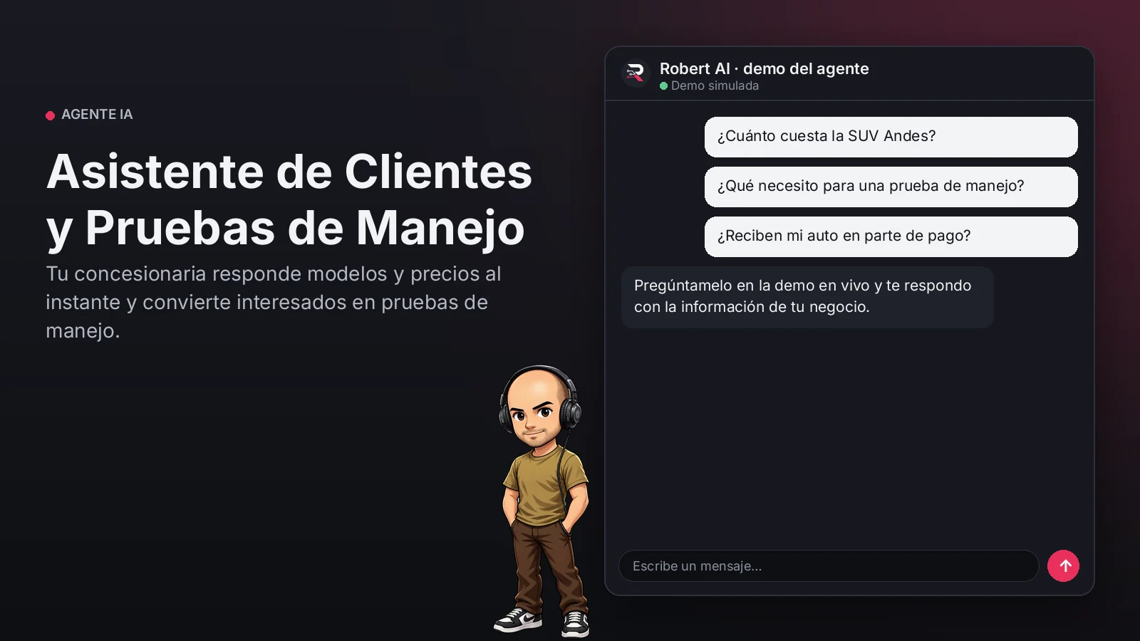 Asistente de Clientes y Pruebas de Manejo. Tu concesionaria responde modelos y precios al instante y convierte interesados en pruebas de manejo.