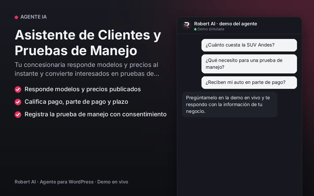 Portada: Asistente de Clientes y Pruebas de Manejo. Tu concesionaria responde modelos y precios al instante y convierte interesados en pruebas de manejo.