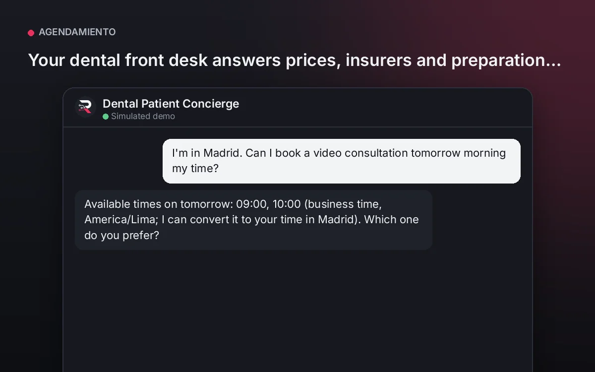 Cover: Dental Patient Concierge. Your dental front desk answers prices, insurers and preparation and books confirmed visits, never diagnosing.