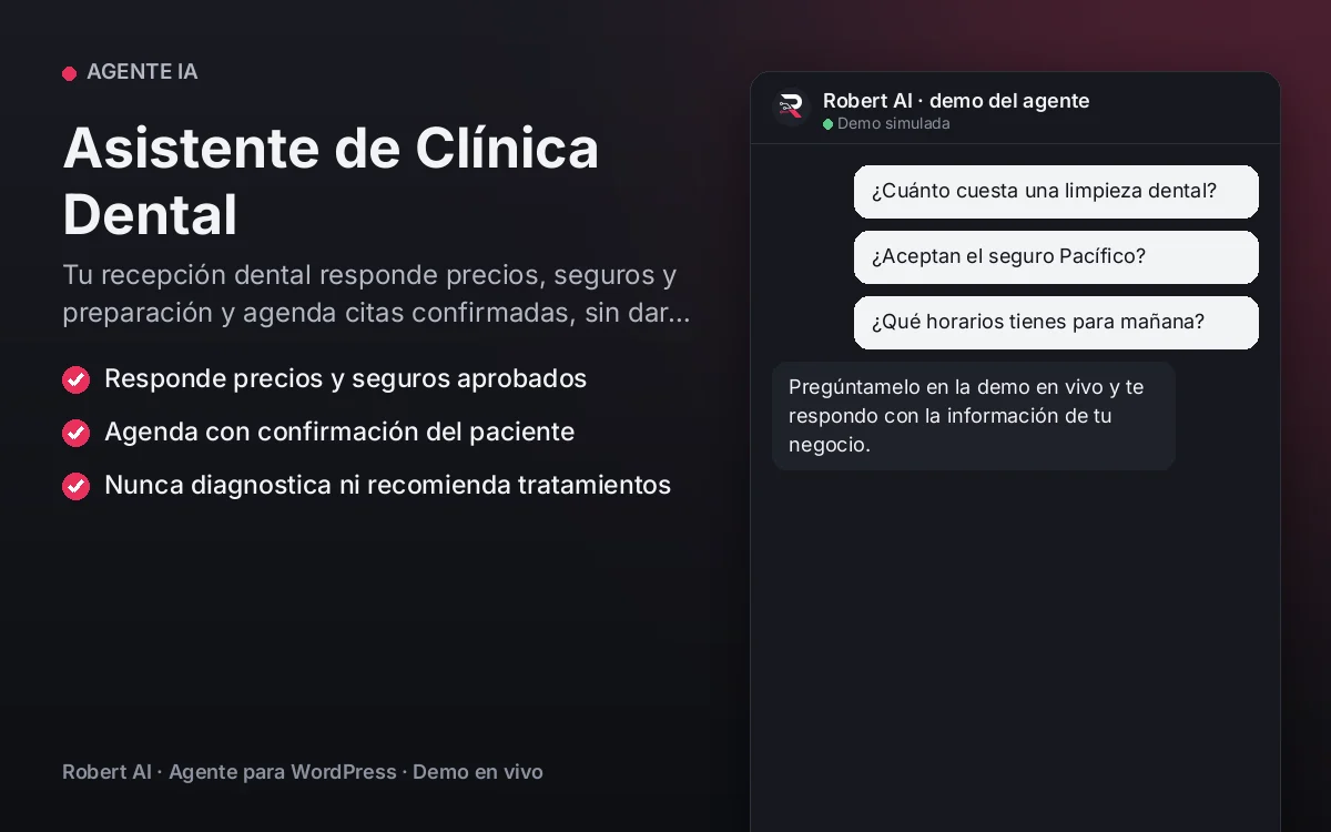 Portada: Asistente de Clínica Dental. Tu recepción dental responde precios, seguros y preparación y agenda citas confirmadas, sin dar diagnósticos.