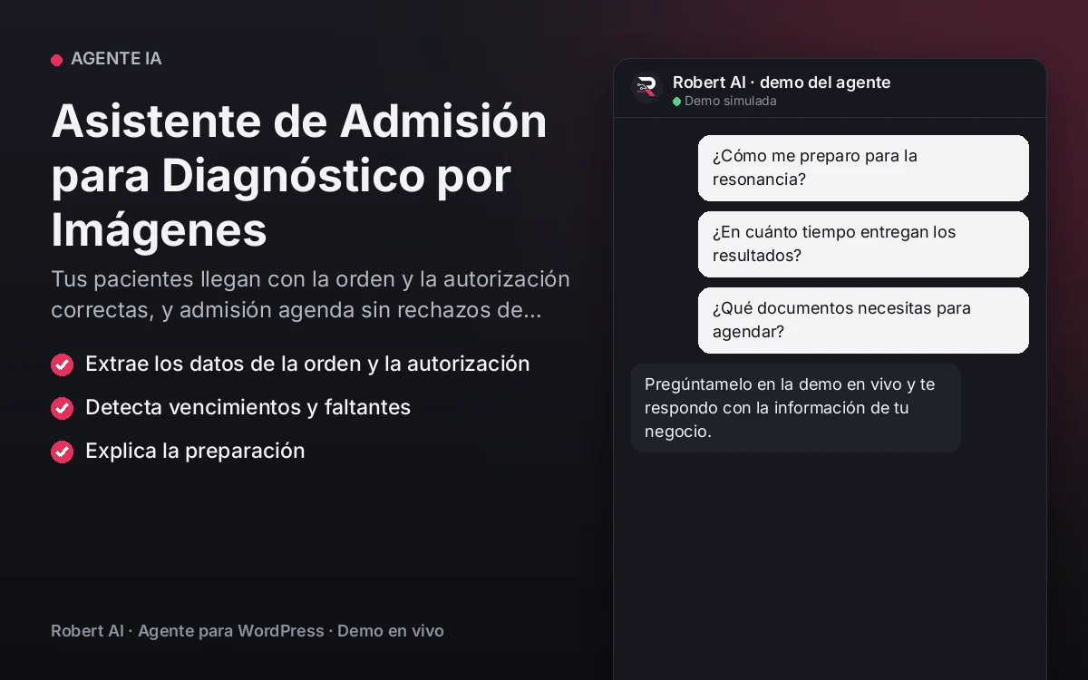 Portada: Asistente de Admisión para Diagnóstico por Imágenes. Tus pacientes llegan con la orden y la autorización correctas, y admisión agenda sin rechazos de último minuto.