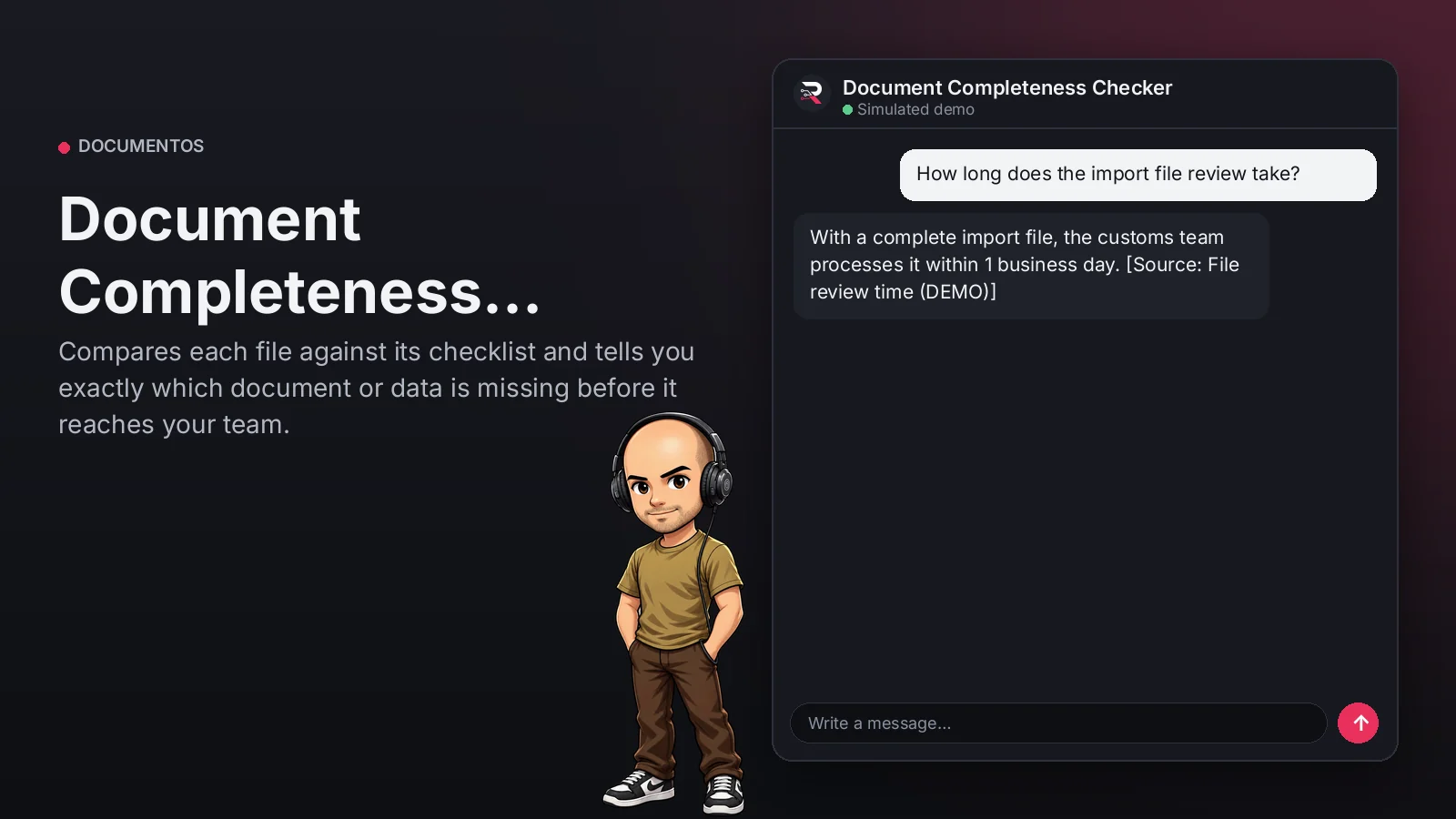 Hero image: Document Completeness Checker. Compares each file against its checklist and tells you exactly which document or data is missing before it reaches your team.
