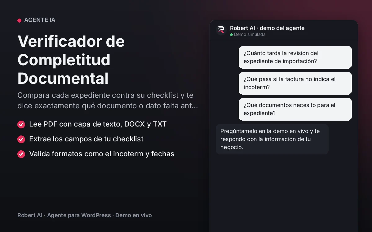 Portada: Verificador de Completitud Documental. Compara cada expediente contra su checklist y te dice exactamente qué documento o dato falta antes de que llegue a tu equipo.