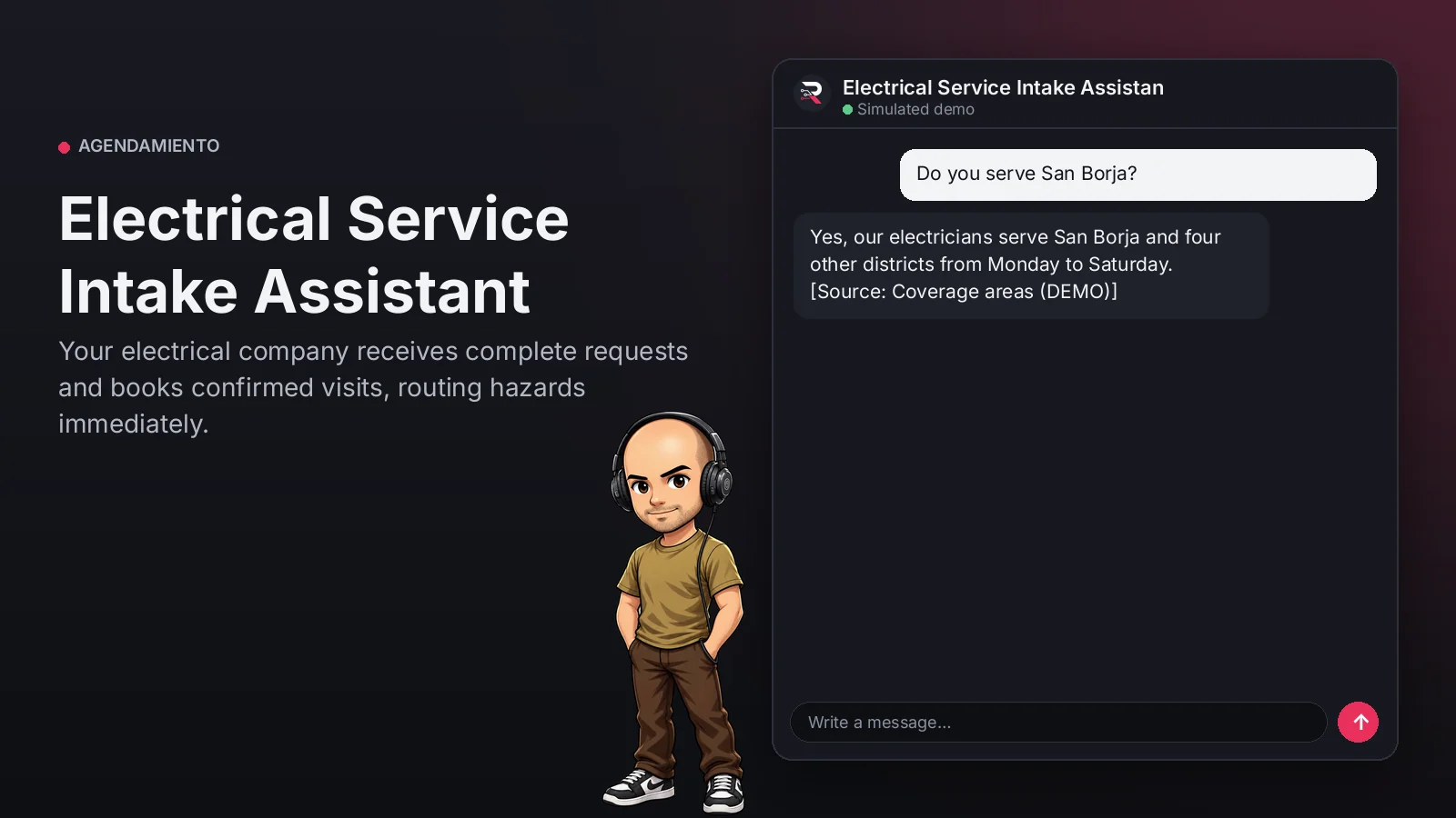 Hero image: Electrical Service Intake Assistant. Your electrical company receives complete requests and books confirmed visits, routing hazards immediately.