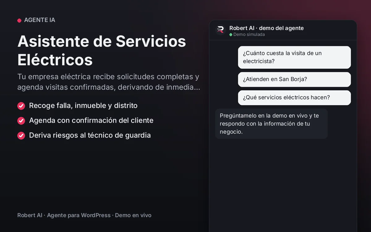 Portada: Asistente de Servicios Eléctricos. Tu empresa eléctrica recibe solicitudes completas y agenda visitas confirmadas, derivando de inmediato los riesgos.