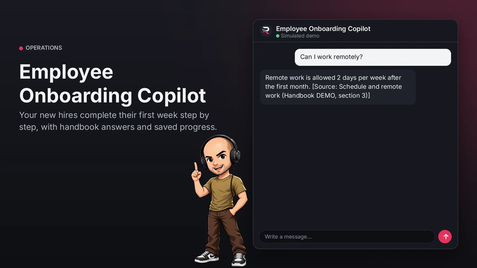 Hero image: Employee Onboarding Copilot. Your new hires complete their first week step by step, with handbook answers and saved progress.