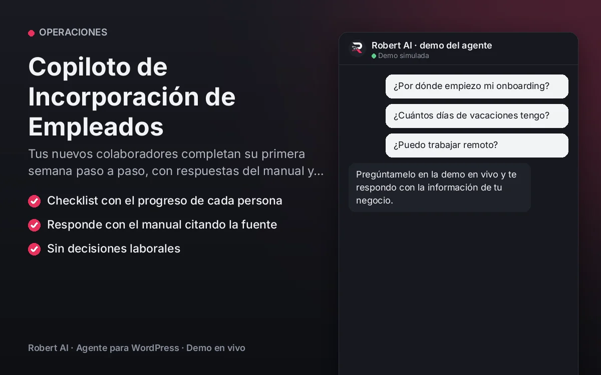 Portada: Copiloto de Incorporación de Empleados. Tus nuevos colaboradores completan su primera semana paso a paso, con respuestas del manual y su avance guardado.