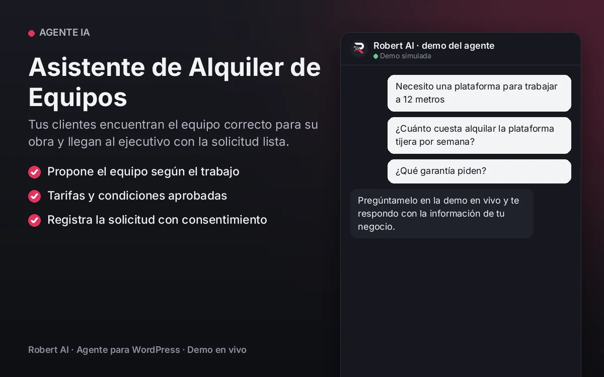 Portada: Asistente de Alquiler de Equipos. Tus clientes encuentran el equipo correcto para su obra y llegan al ejecutivo con la solicitud lista.