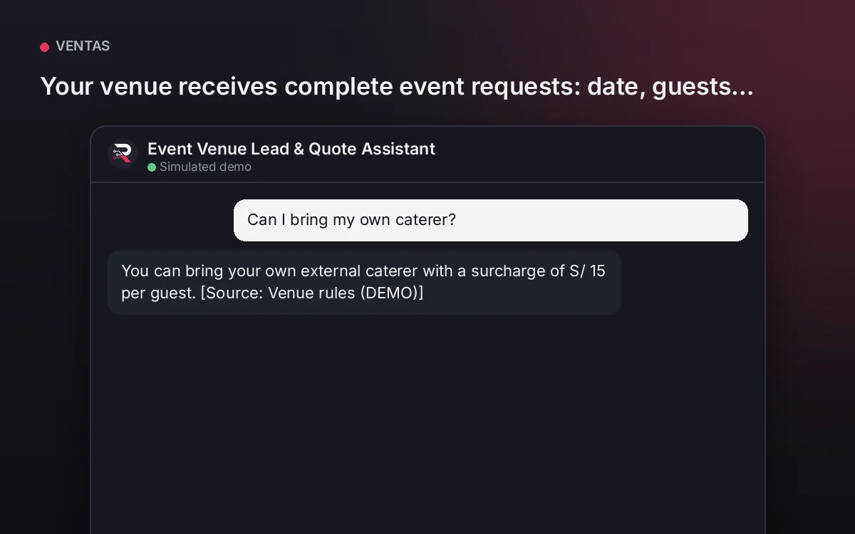 Cover: Event Venue Lead & Quote Assistant. Your venue receives complete event requests: date, guests, format and budget, ready for the proposal.