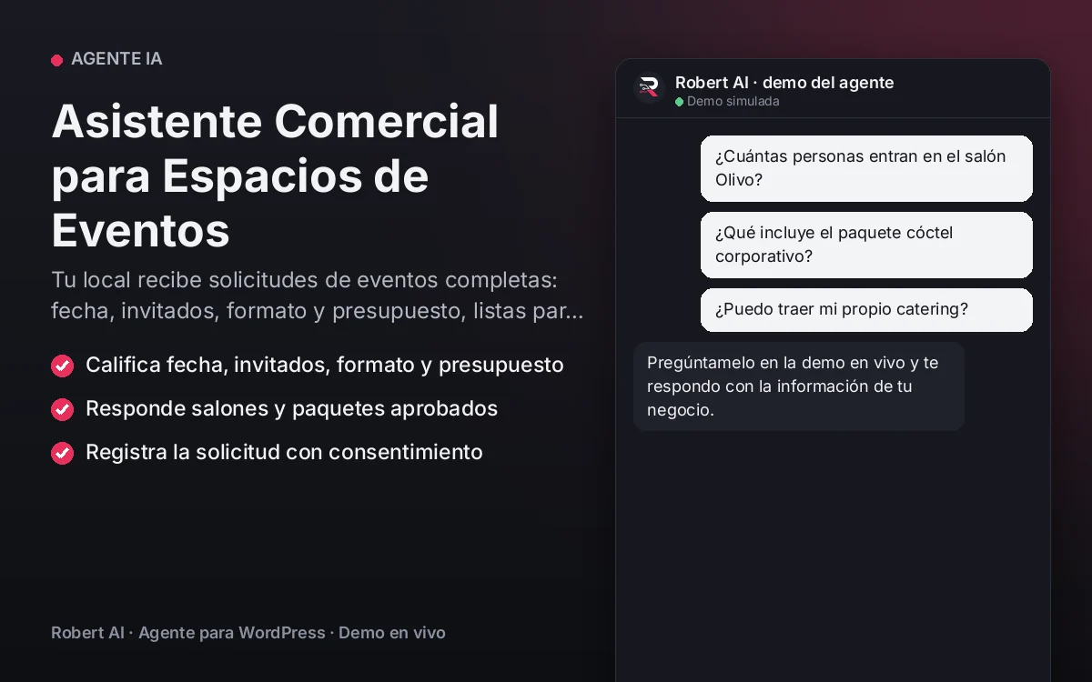 Portada: Asistente Comercial para Espacios de Eventos. Tu local recibe solicitudes de eventos completas: fecha, invitados, formato y presupuesto, listas para enviar la propuesta.