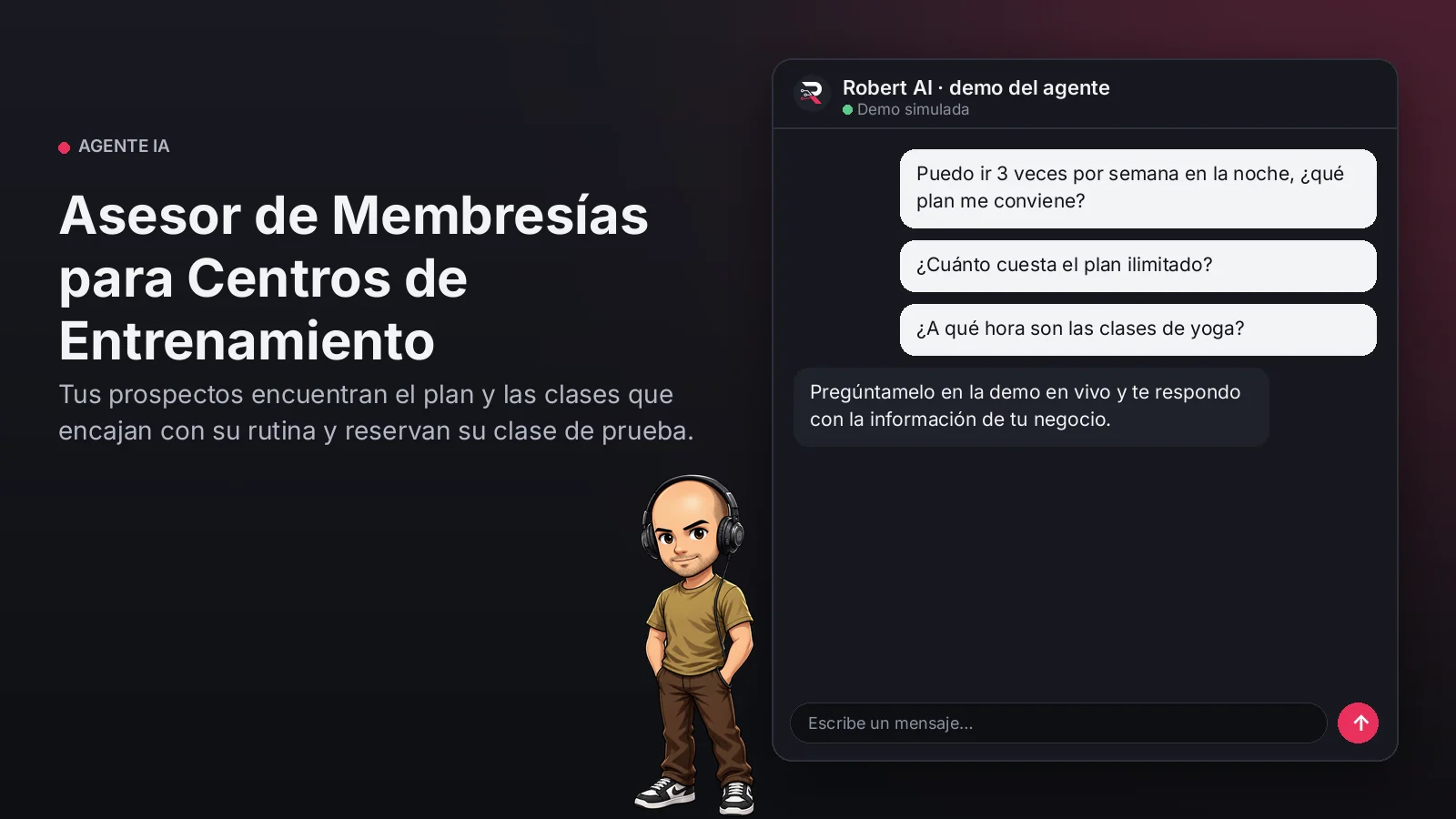 Asesor de Membresías para Centros de Entrenamiento. Tus prospectos encuentran el plan y las clases que encajan con su rutina y reservan su clase de prueba.