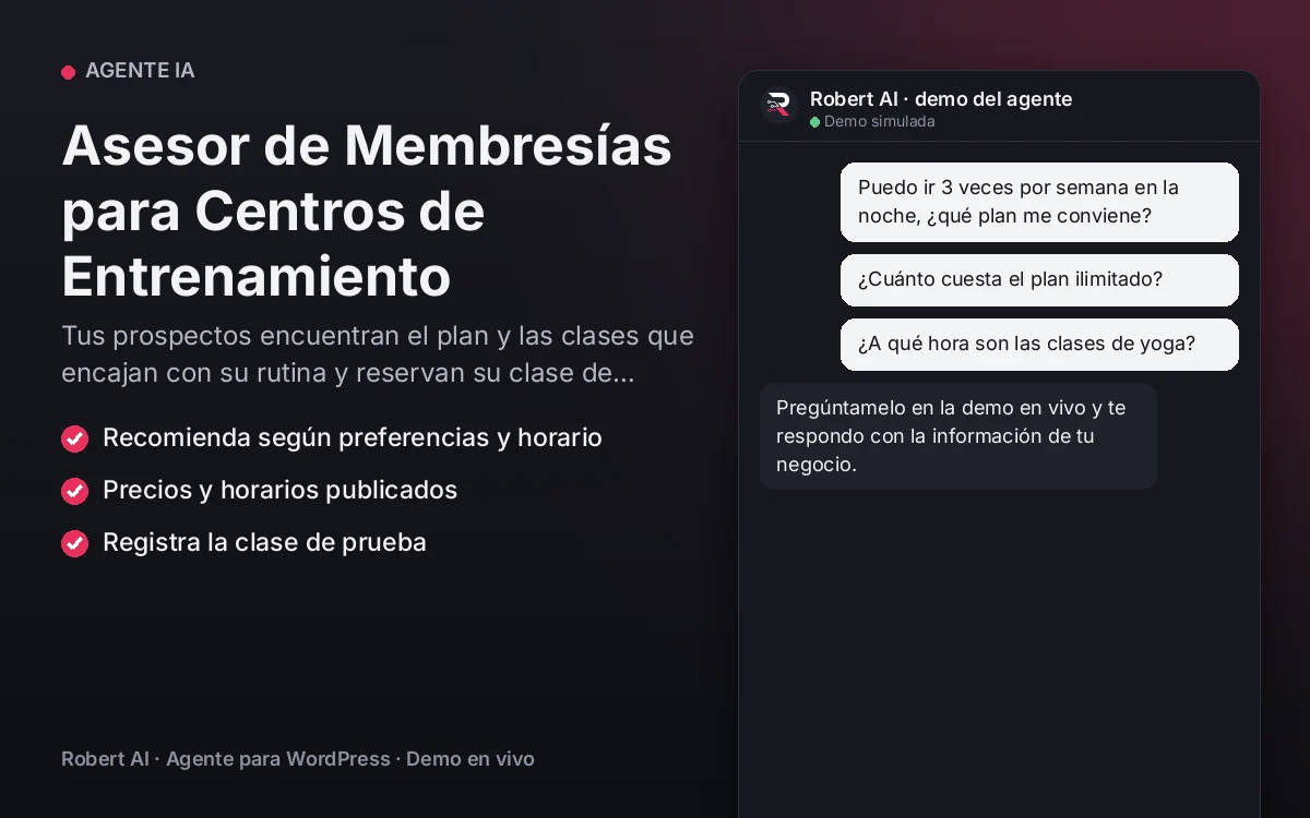 Portada: Asesor de Membresías para Centros de Entrenamiento. Tus prospectos encuentran el plan y las clases que encajan con su rutina y reservan su clase de prueba.