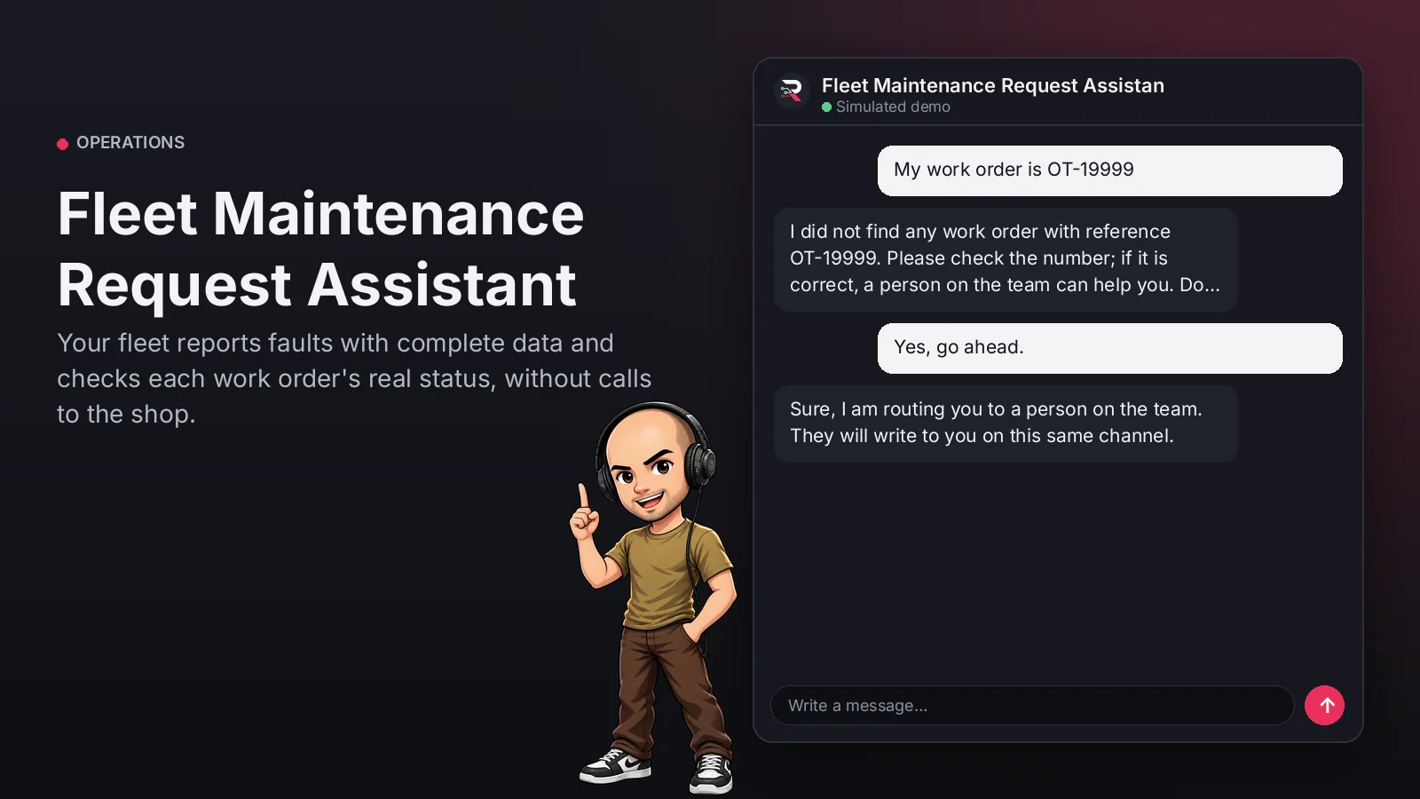 Hero image: Fleet Maintenance Request Assistant. Your fleet reports faults with complete data and checks each work order's real status, without calls to the shop.
