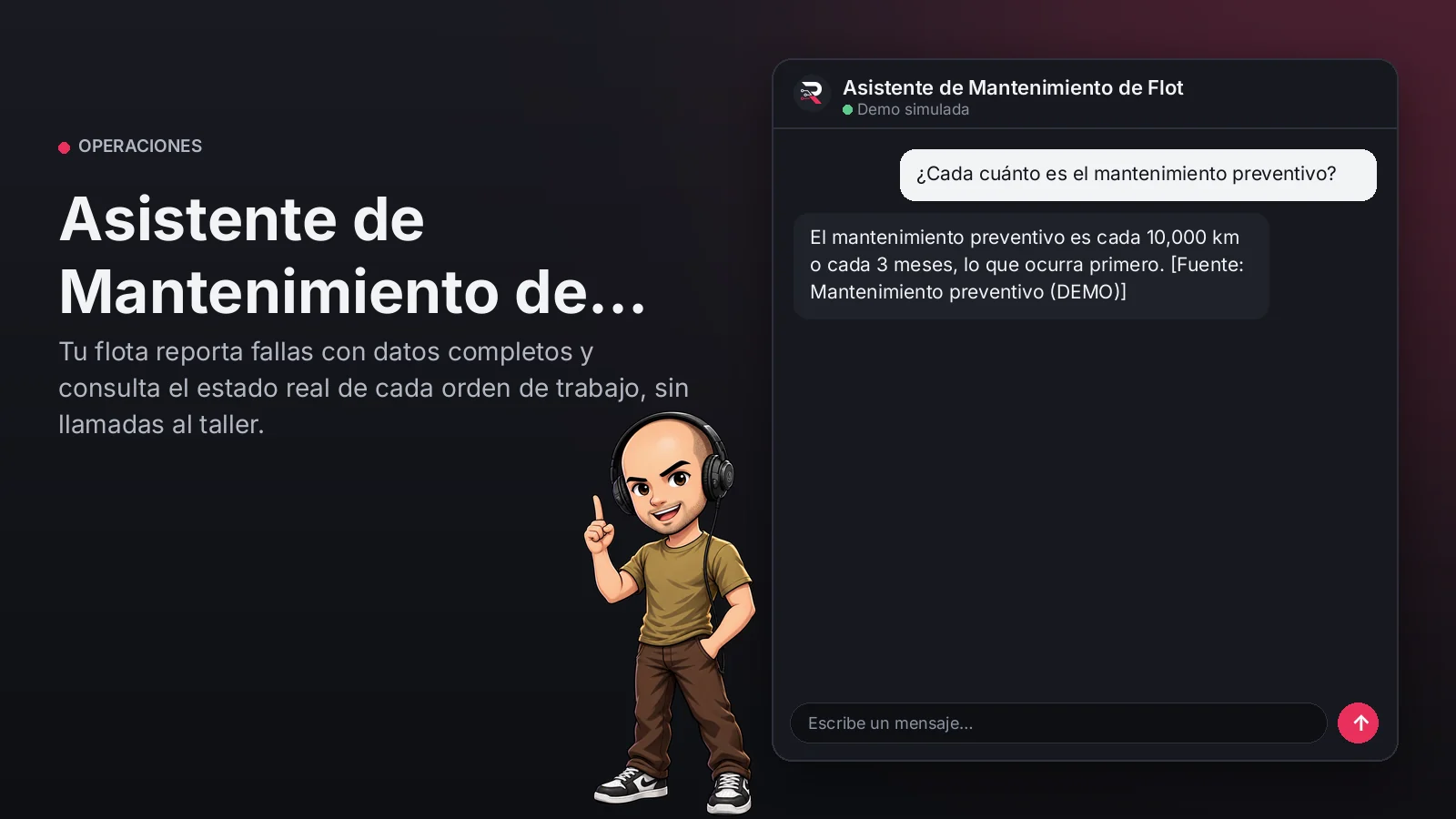 Imagen principal: Asistente de Mantenimiento de Flotas. Tu flota reporta fallas con datos completos y consulta el estado real de cada orden de trabajo, sin llamadas al taller.