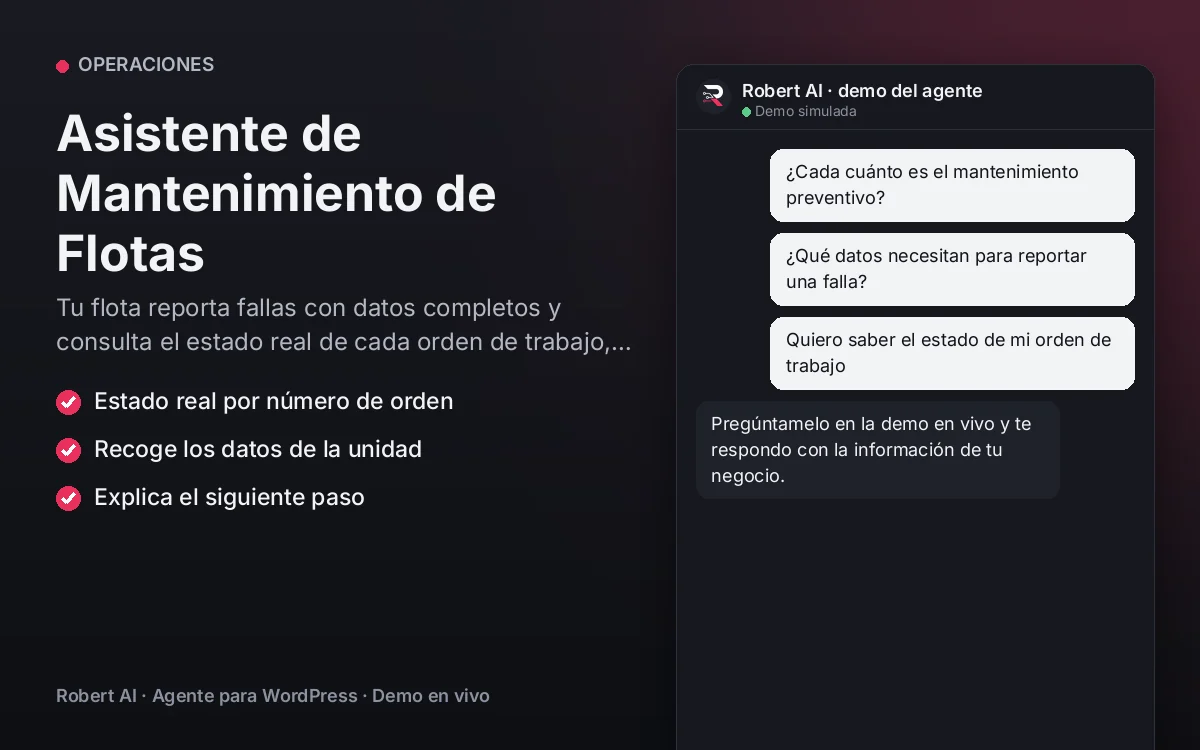 Portada: Asistente de Mantenimiento de Flotas. Tu flota reporta fallas con datos completos y consulta el estado real de cada orden de trabajo, sin llamadas al taller.