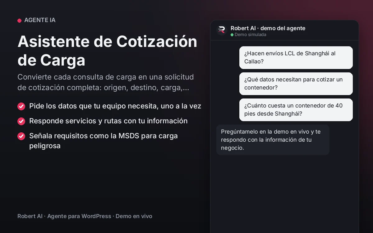 Portada: Asistente de Cotización de Carga. Convierte cada consulta de carga en una solicitud de cotización completa: origen, destino, carga, peso, incoterm y fecha.