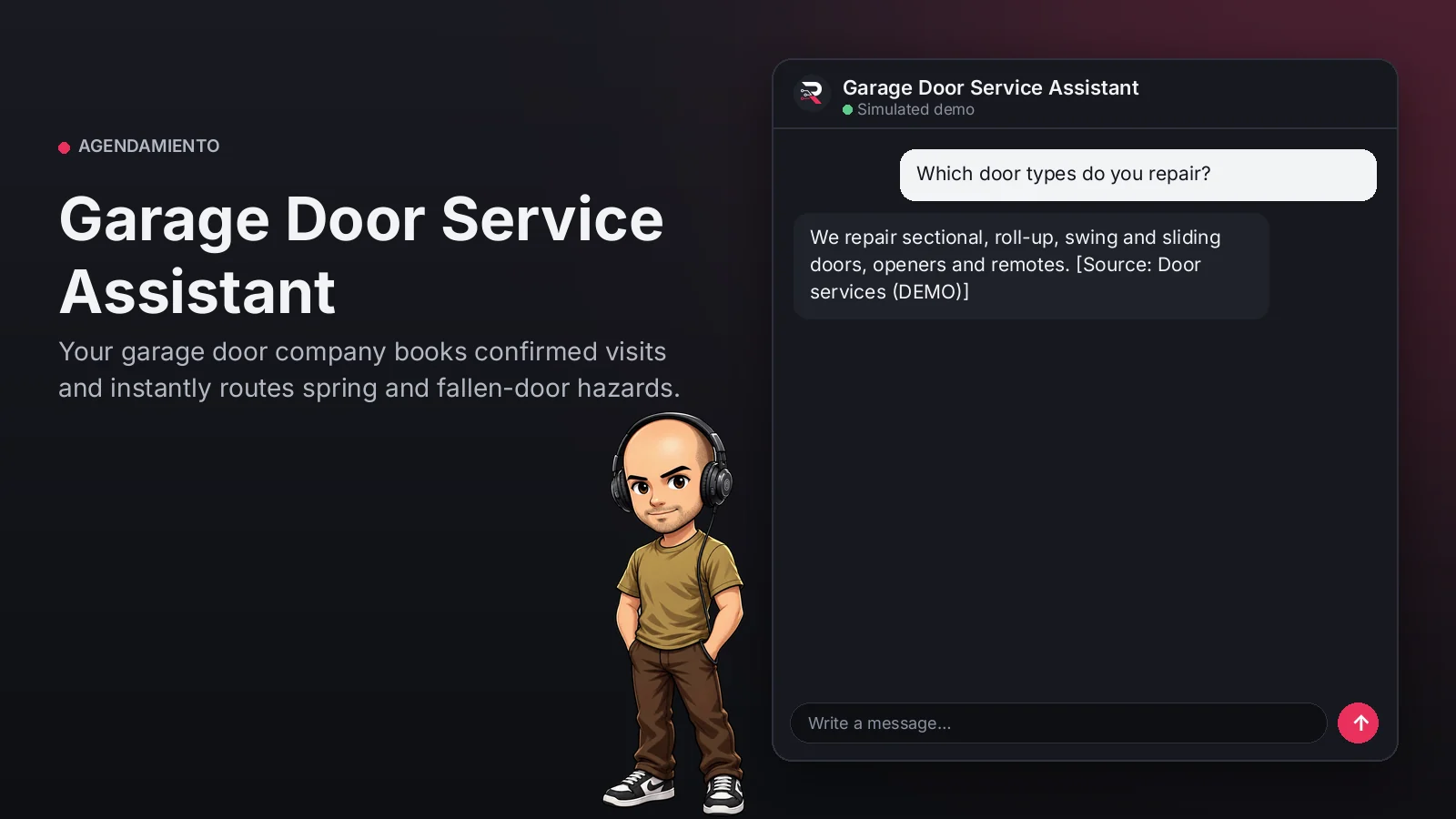 Hero image: Garage Door Service Assistant. Your garage door company books confirmed visits and instantly routes spring and fallen-door hazards.