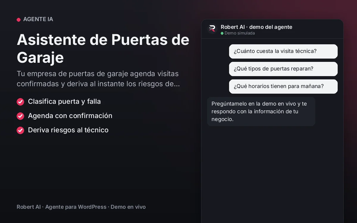 Portada: Asistente de Puertas de Garaje. Tu empresa de puertas de garaje agenda visitas confirmadas y deriva al instante los riesgos de resortes y puertas caídas.