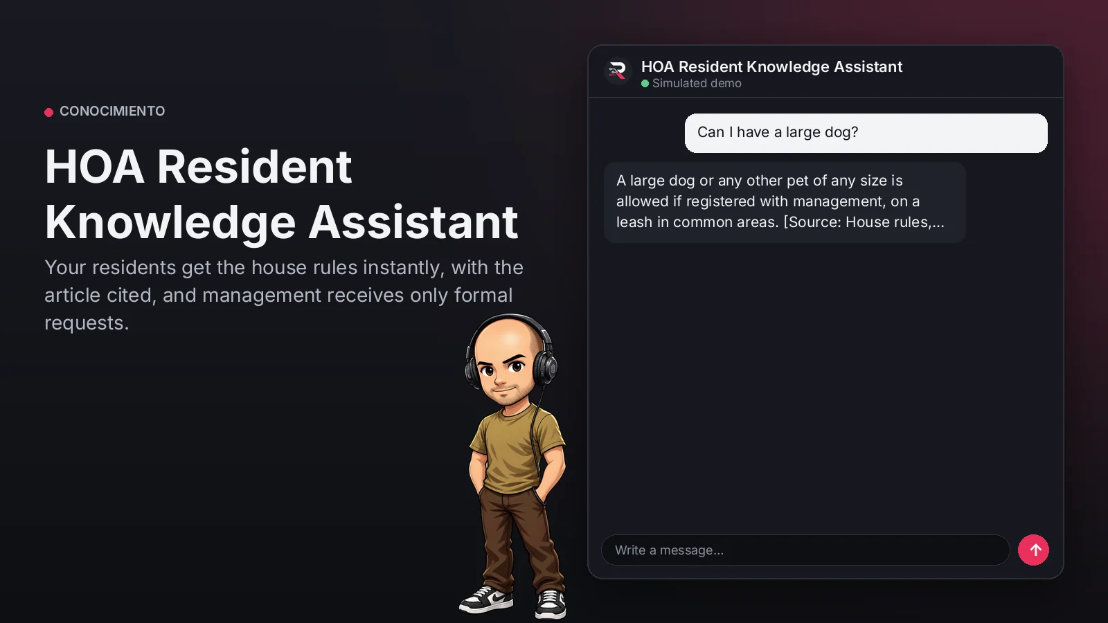 Hero image: HOA Resident Knowledge Assistant. Your residents get the house rules instantly, with the article cited, and management receives only formal requests.