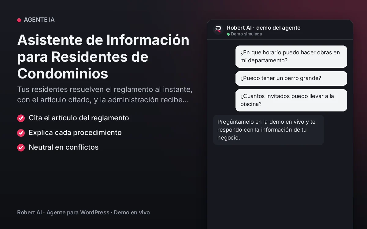 Portada: Asistente de Información para Residentes de Condominios. Tus residentes resuelven el reglamento al instante, con el artículo citado, y la administración recibe solo las solicitudes formales.