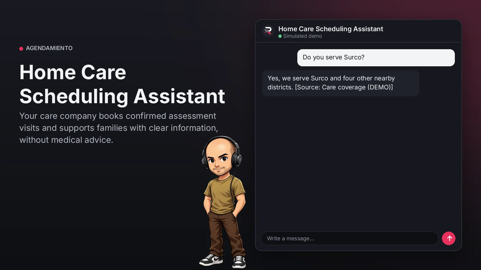 Hero image: Home Care Scheduling Assistant. Your care company books confirmed assessment visits and supports families with clear information, without medical advice.