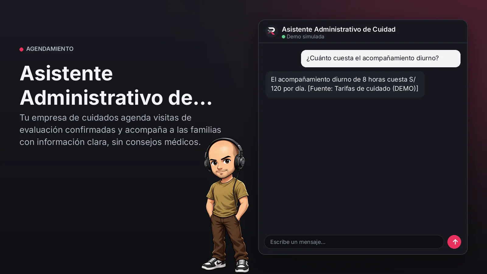Imagen principal: Asistente Administrativo de Cuidados Domiciliarios. Tu empresa de cuidados agenda visitas de evaluación confirmadas y acompaña a las familias con información clara, sin consejos médicos.