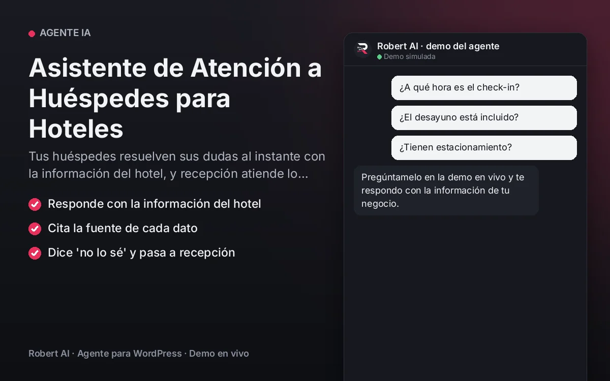 Portada: Asistente de Atención a Huéspedes para Hoteles. Tus huéspedes resuelven sus dudas al instante con la información del hotel, y recepción atiende lo importante.