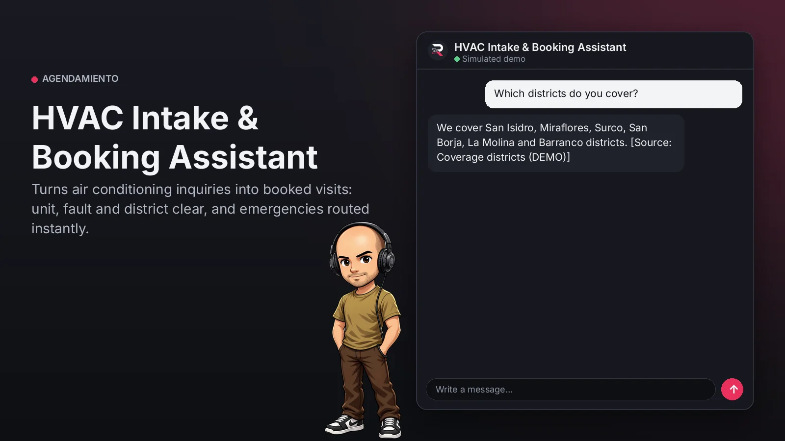 Hero image: HVAC Intake & Booking Assistant. Turns air conditioning inquiries into booked visits: unit, fault and district clear, and emergencies routed instantly.