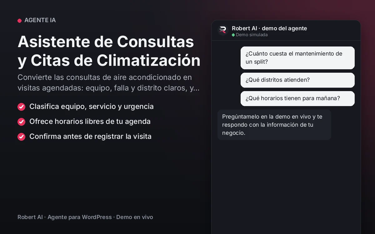 Portada: Asistente de Consultas y Citas de Climatización. Convierte las consultas de aire acondicionado en visitas agendadas: equipo, falla y distrito claros, y urgencias derivadas al instante.