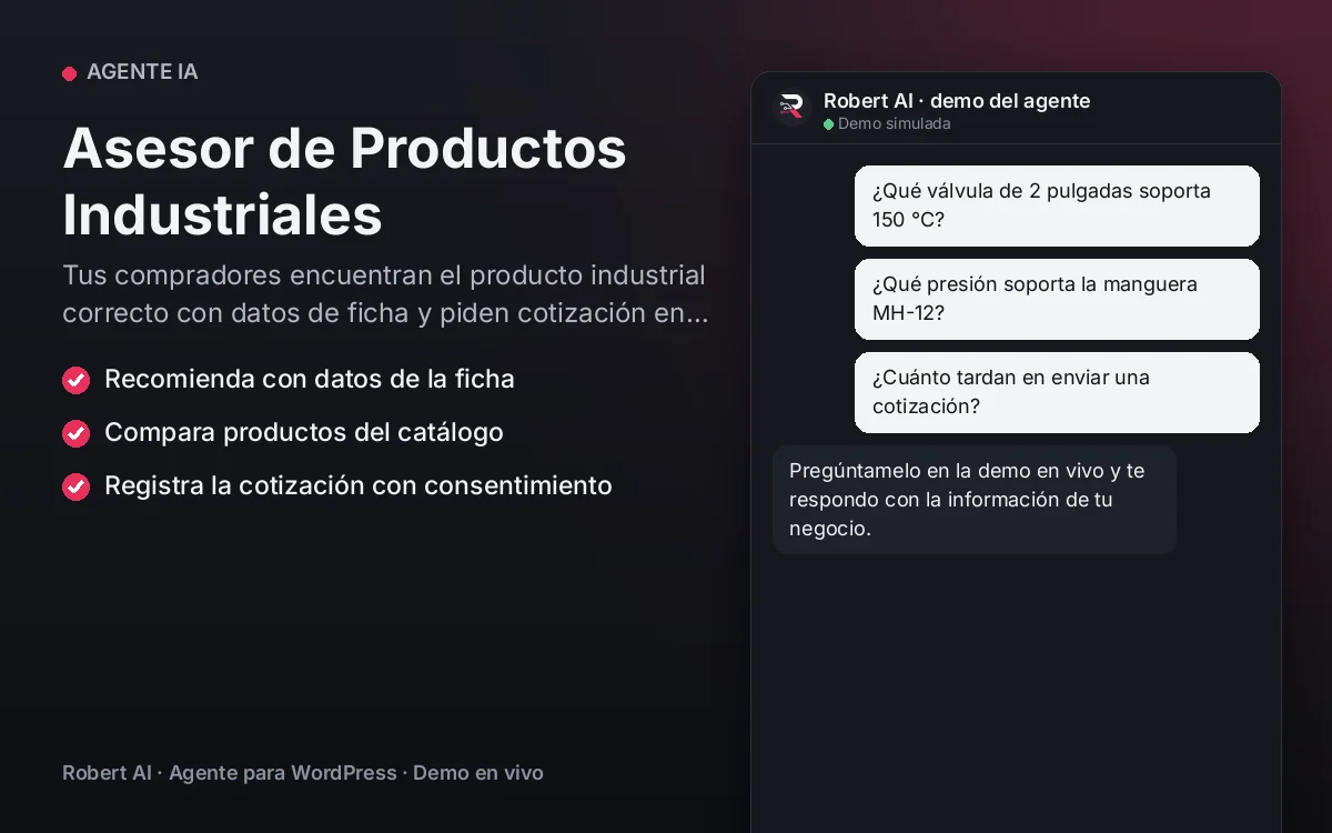 Portada: Asesor de Productos Industriales. Tus compradores encuentran el producto industrial correcto con datos de ficha y piden cotización en un solo chat.