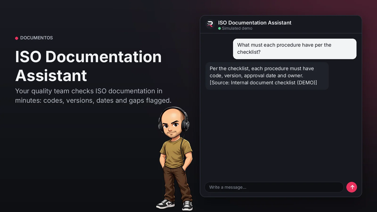 Hero image: ISO Documentation Assistant. Your quality team checks ISO documentation in minutes: codes, versions, dates and gaps flagged.
