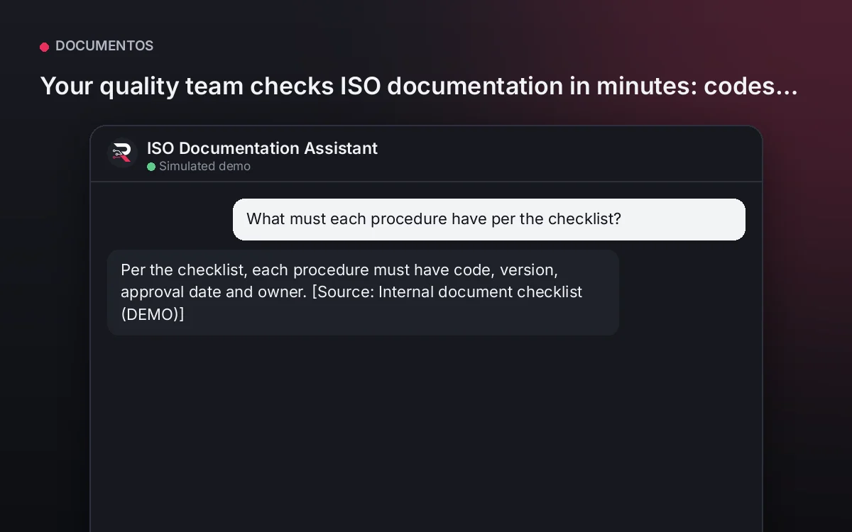 Cover: ISO Documentation Assistant. Your quality team checks ISO documentation in minutes: codes, versions, dates and gaps flagged.