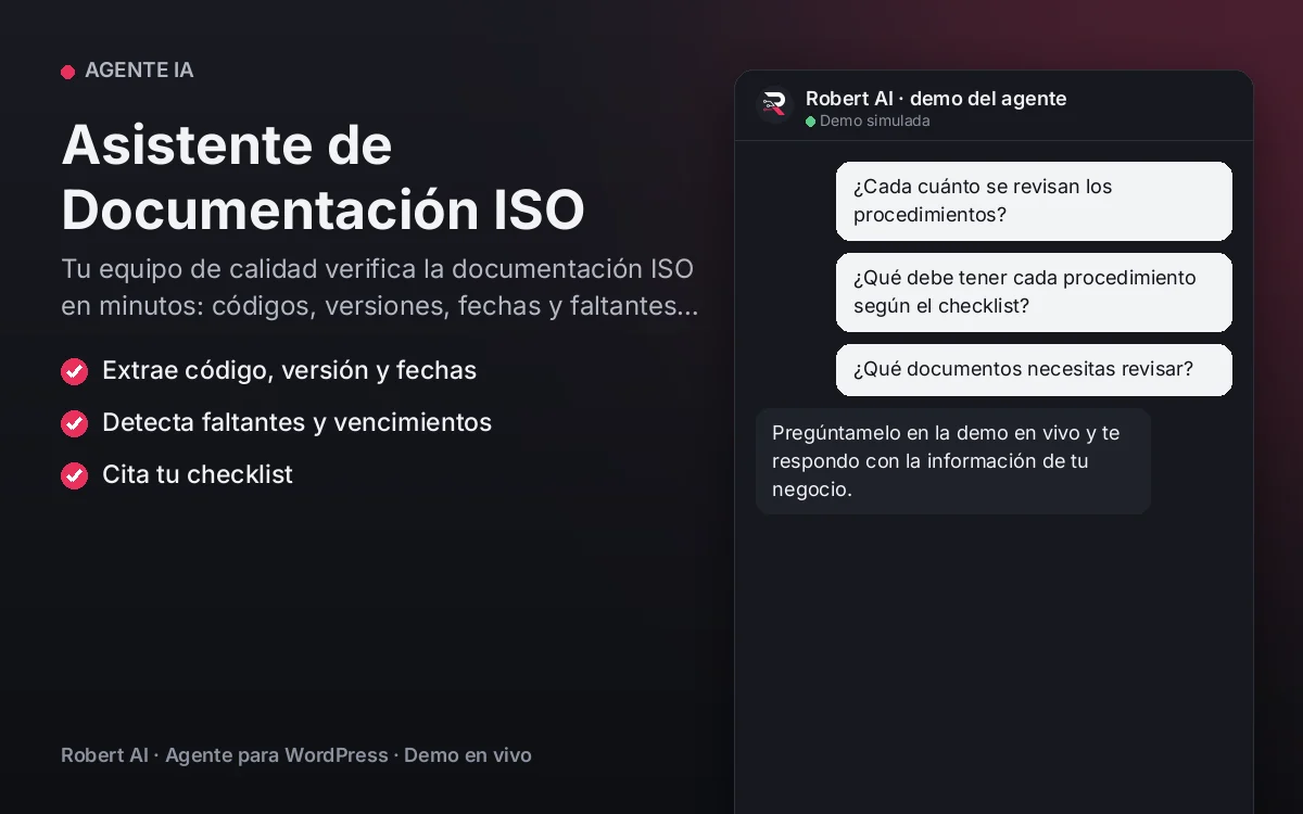 Portada: Asistente de Documentación ISO. Tu equipo de calidad verifica la documentación ISO en minutos: códigos, versiones, fechas y faltantes señalados.