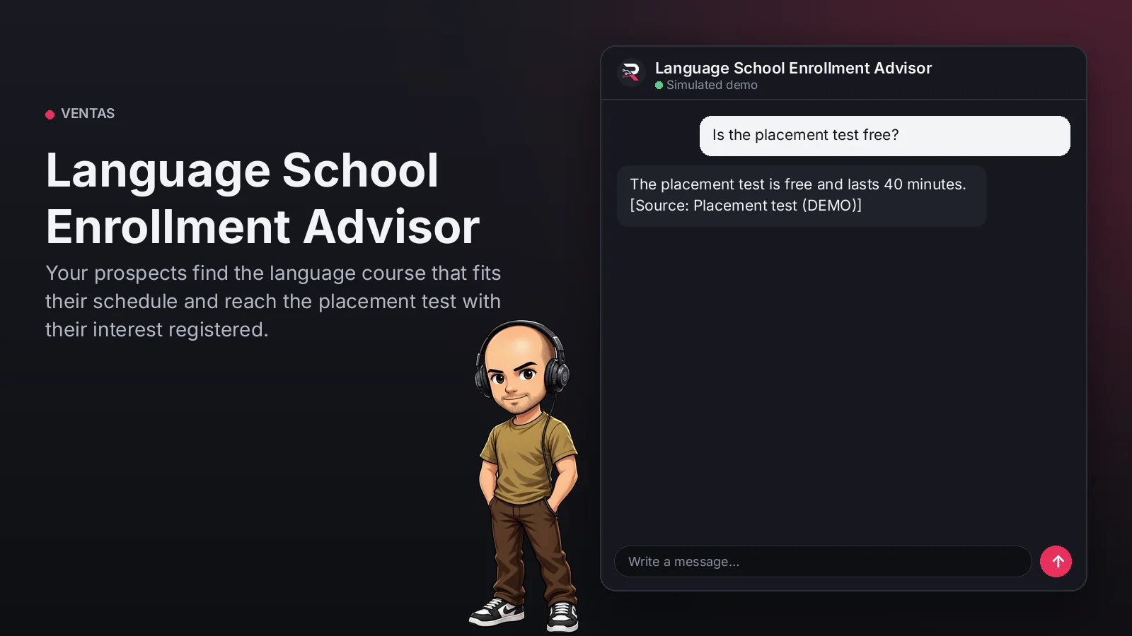 Hero image: Language School Enrollment Advisor. Your prospects find the language course that fits their schedule and reach the placement test with their interest registered.