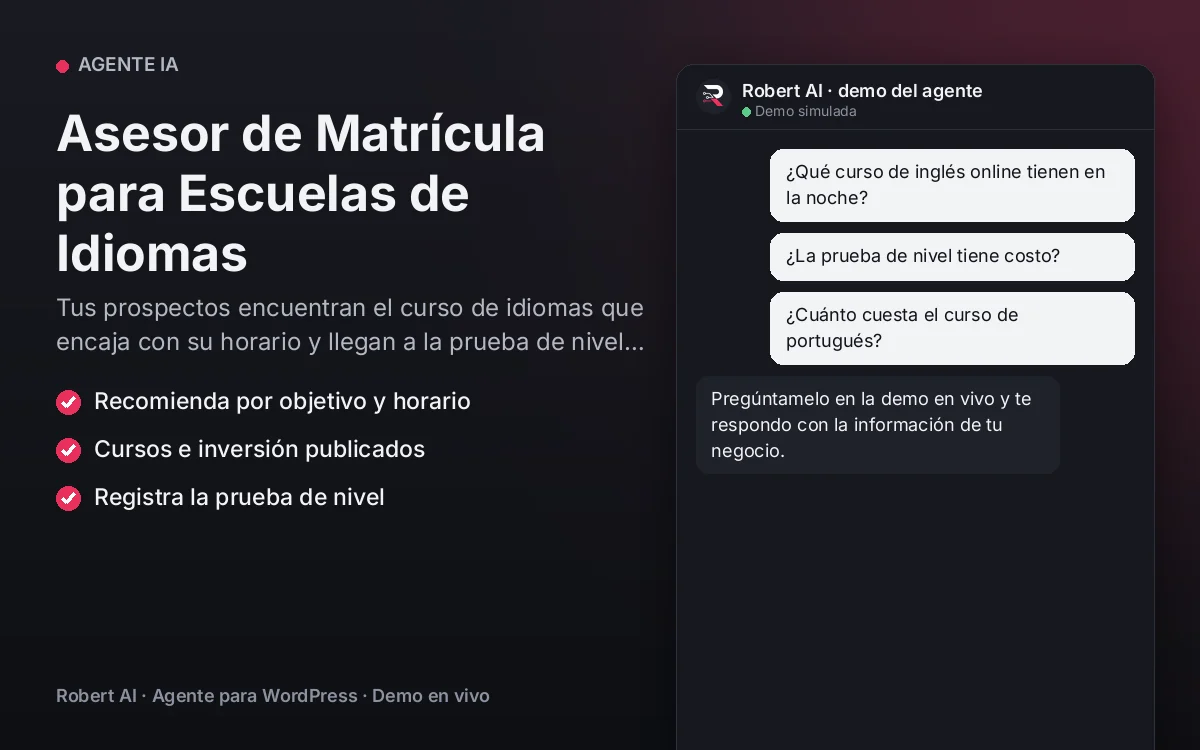 Portada: Asesor de Matrícula para Escuelas de Idiomas. Tus prospectos encuentran el curso de idiomas que encaja con su horario y llegan a la prueba de nivel con su interés registrado.