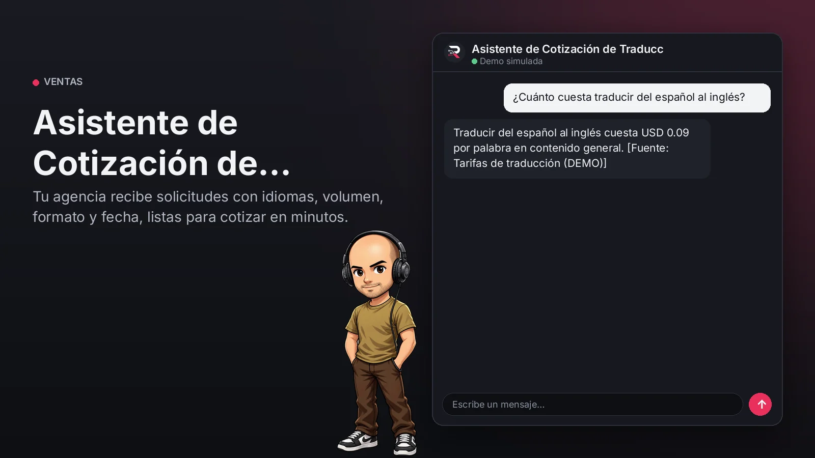 Imagen principal: Asistente de Cotización de Traducción y Localización. Tu agencia recibe solicitudes con idiomas, volumen, formato y fecha, listas para cotizar en minutos.