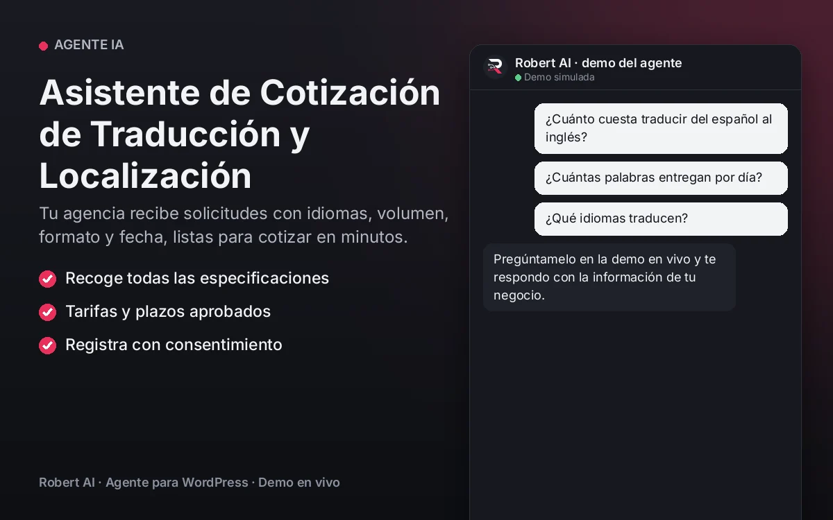 Portada: Asistente de Cotización de Traducción y Localización. Tu agencia recibe solicitudes con idiomas, volumen, formato y fecha, listas para cotizar en minutos.