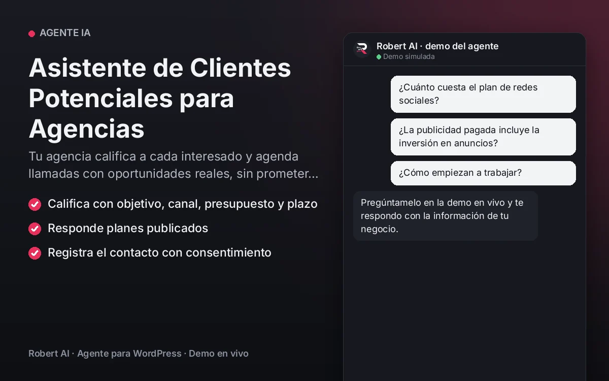 Portada: Asistente de Clientes Potenciales para Agencias. Tu agencia califica a cada interesado y agenda llamadas con oportunidades reales, sin prometer resultados.