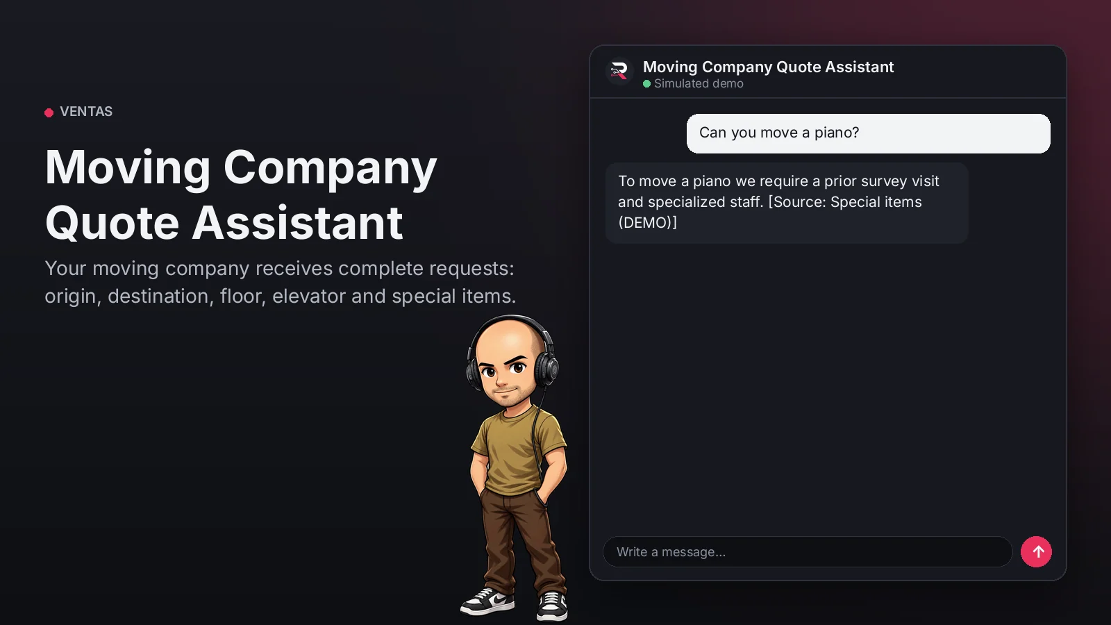 Hero image: Moving Company Quote Assistant. Your moving company receives complete requests: origin, destination, floor, elevator and special items.