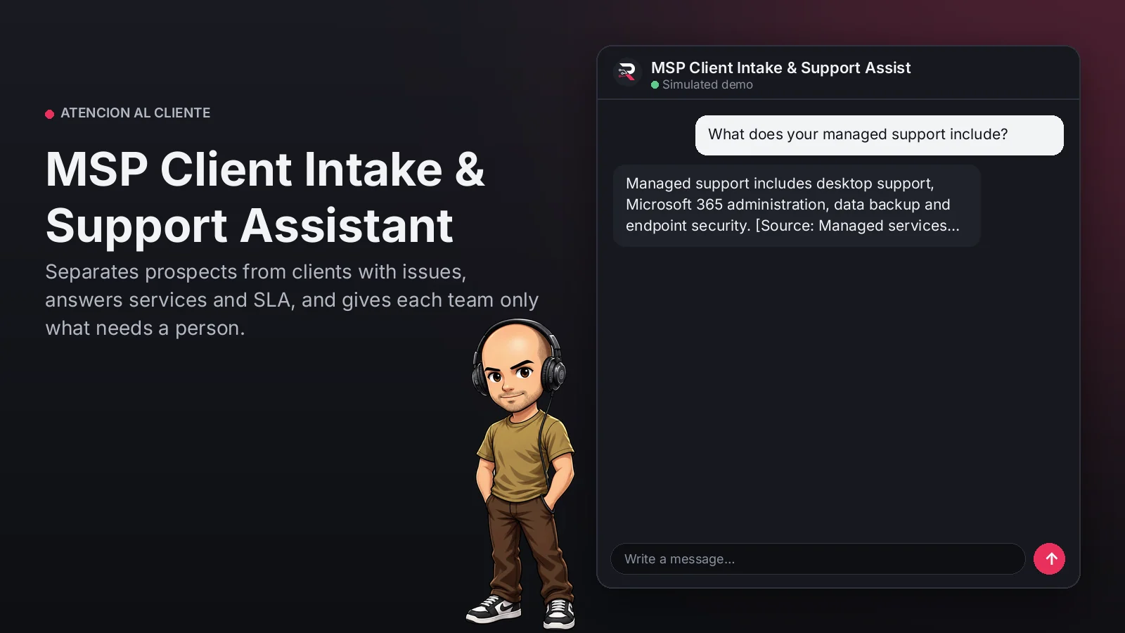 Hero image: MSP Client Intake & Support Assistant. Separates prospects from clients with issues, answers services and SLA, and gives each team only what needs a person.
