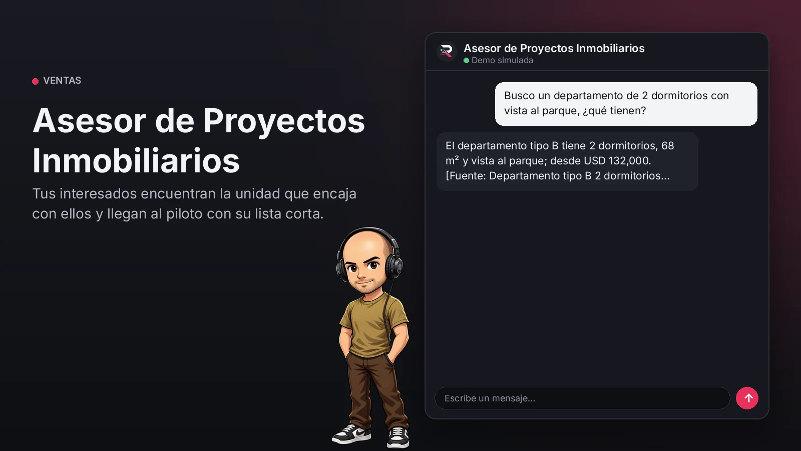 Imagen principal: Asesor de Proyectos Inmobiliarios. Tus interesados encuentran la unidad que encaja con ellos y llegan al piloto con su lista corta.