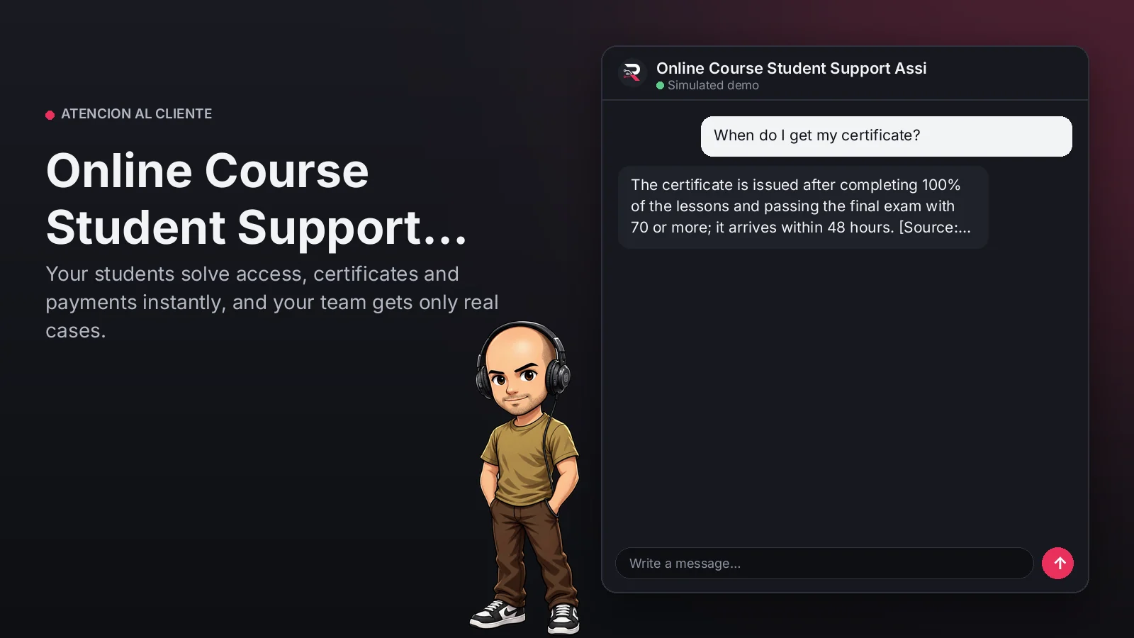 Hero image: Online Course Student Support Assistant. Your students solve access, certificates and payments instantly, and your team gets only real cases.