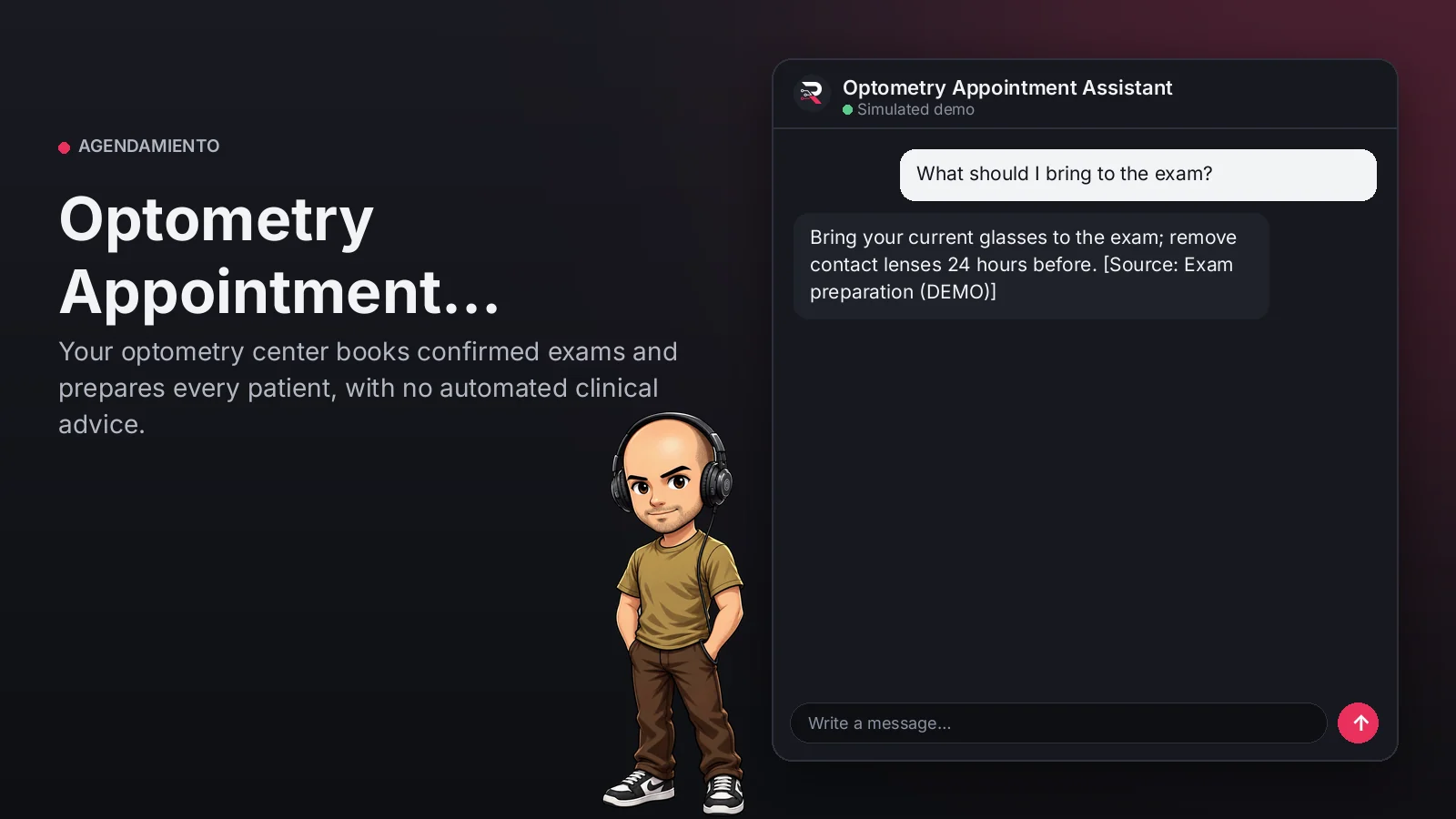 Hero image: Optometry Appointment Assistant. Your optometry center books confirmed exams and prepares every patient, with no automated clinical advice.